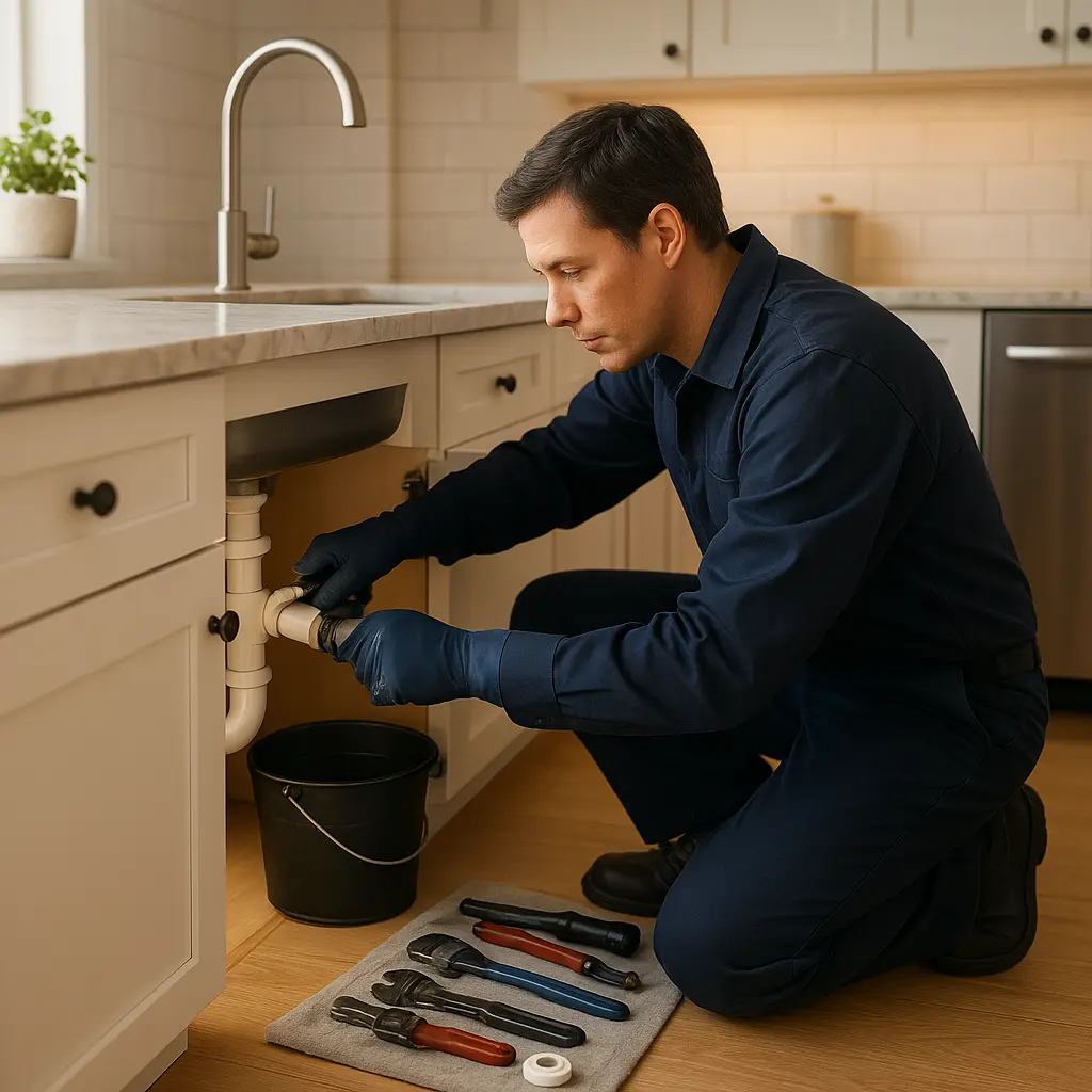 Plumber working under sink